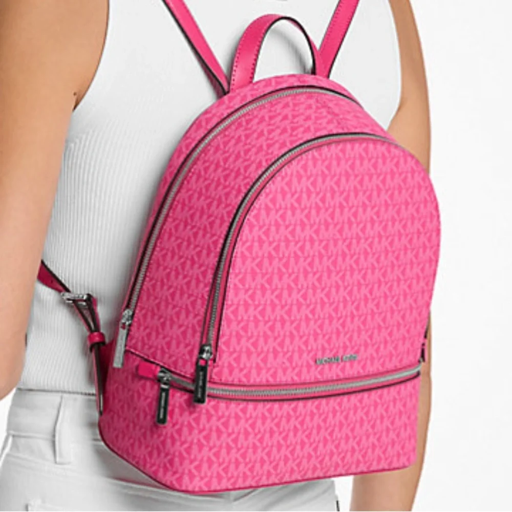 Michael Kors Rhea Medium Signature Logo Backpack Dragonfruit NWT